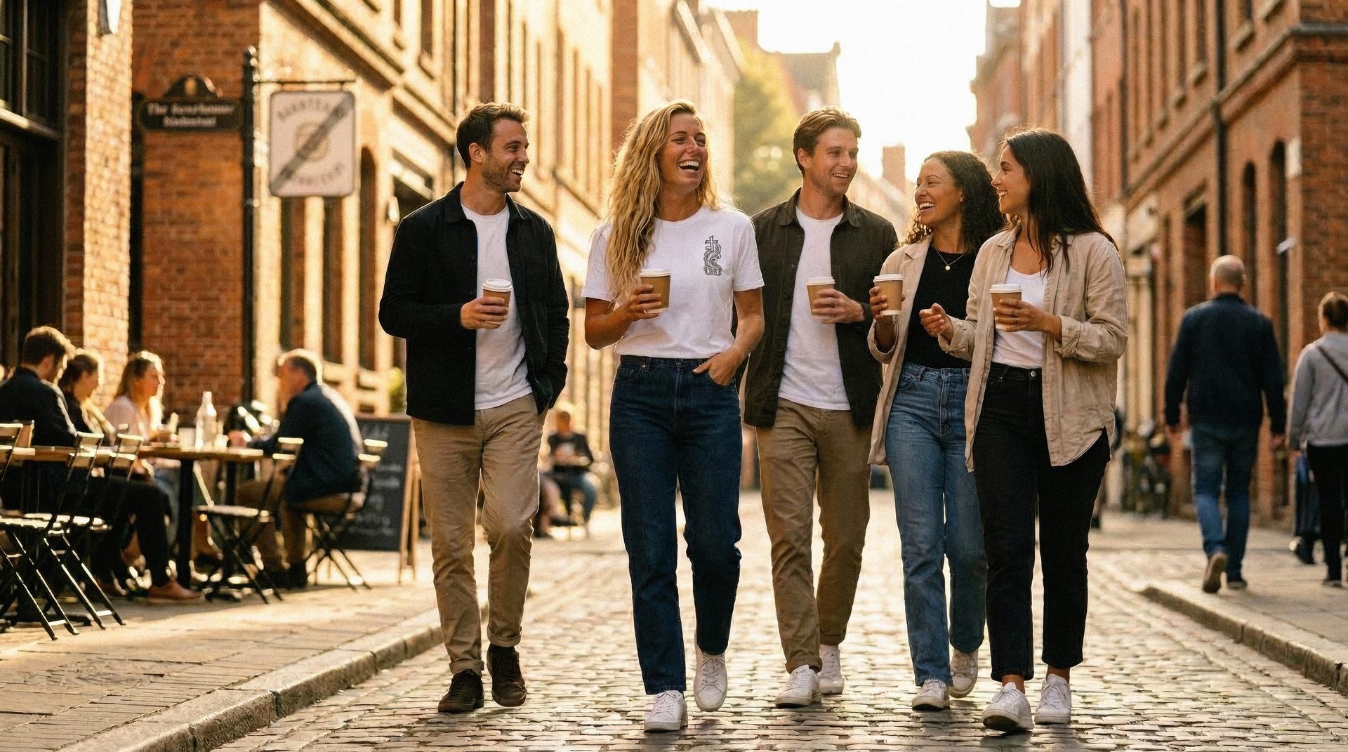Sage and a group of friends in town wearing EverSince tees